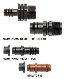 Insert barb adapters by Netafim™ ranging from 16mm-25mm to male pipe thread, 16mm, 20mm, 25mm to PVC & 17mm to PVC