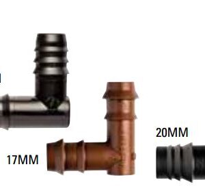 Insert barb elbows by Netafim™ ranging from 16mm, 17mm, and 20mm