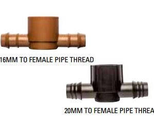 Insert barb tee adapters by Netafim™ ranging from 16mm to female pipe thread & 20mm to female pipe thread