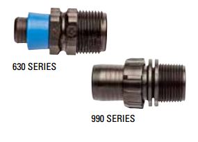 Ring lock male adapters by Netafim™ showing 630 series and 990 series